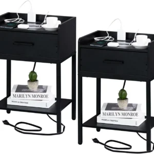 Black Nightstands Set of 2 with Charging Station and USB Ports, 3-Tier End Side Table with Storage Drawer and Shelf, Modern Beds