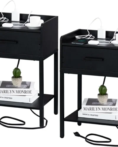 Black Nightstands Set of 2 with Charging Station and USB Ports, 3-Tier End Side Table with Storage Drawer and Shelf, Modern Beds