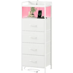 White Nightstand with Charging Station and LED Light for Bedroom, Tall 4 Drawers Dresser with Fabric Bins for Bedside Kids Dorm