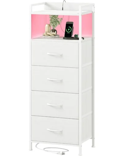 White Nightstand with Charging Station and LED Light for Bedroom, Tall 4 Drawers Dresser with Fabric Bins for Bedside Kids Dorm
