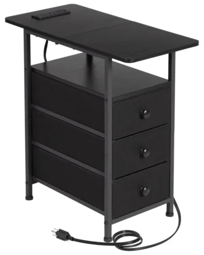 End Tables Living Room with Charging Station, Narrow Side Table with USB Ports and Outlets, Slim Nightstand with 3 Fabric Drawe