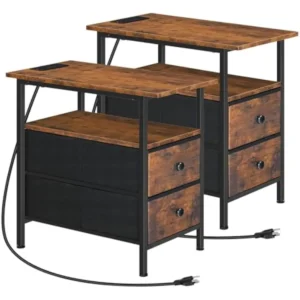 Nightstand Set of 2 with Charging Station and Drawers, Narrow Side Table, Slim Sofa Side Table with 2 Non-Woven, Nightstand
