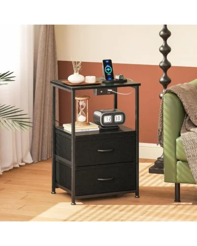 LED Nightstand Set of 2 with Charger Station & Outlet, USB Ports, Bed SideTable with Fabric Drawers and Open Shelf, Nightstand