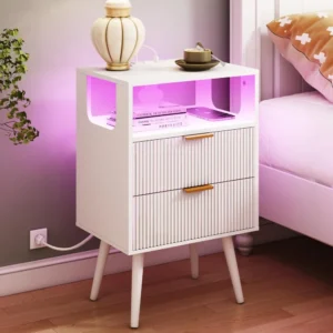 LED Nightstand with Charging Station and 2 Storage Drawer & Open Wood Shelf for Bedroom and Small Spaces, Nightstand