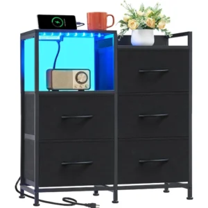 Black Nightstand with Charging Station and LED Light, Wide 5 Drawers Dresser for Bedroom with Fabric Bins and Open Shelf for Be