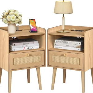 Rattan Nightstand with Charging Station, Mid Century Modern Bed Side Table, Boho End Table with Wood Legs (2, Natural)