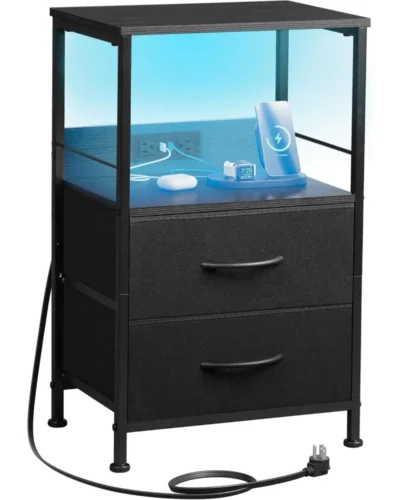 Night Stand with Charger Station, Black Nightstand with 2 Fabric Drawers and Storage Shelf, LED Bedside Table, Bedroom Small En