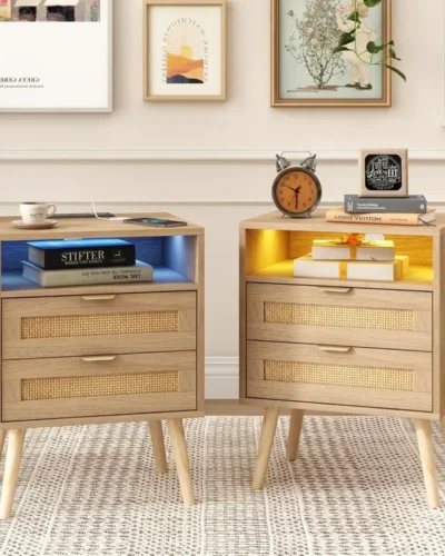 Rattan Nightstands Set of 2 with Charging Station and Led Lights, End Tables with 2 Drawers and Wood Legs