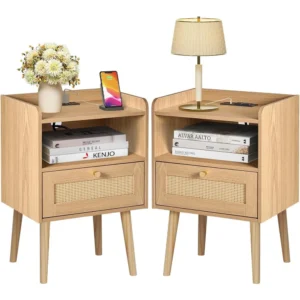 Night Stand Set of 2 with Charging Station, Bed Side Table with Wood Legs, End Table for Bedroom Living Room, Nightstands