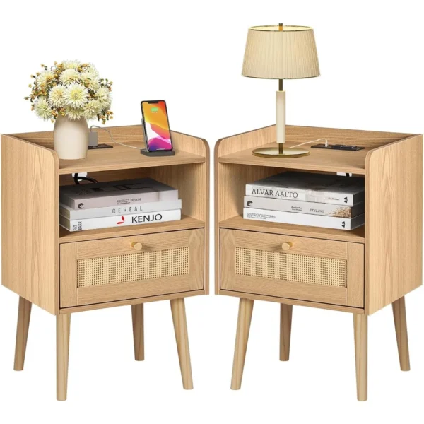 Night Stand Set of 2 with Charging Station, Bed Side Table with Wood Legs, End Table for Bedroom Living Room, Nightstands