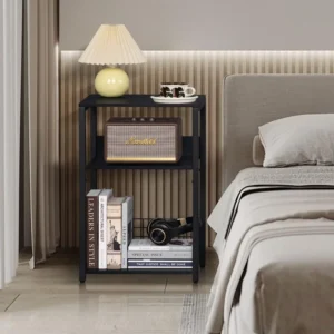 Nightstands Set of 2 with Storage Shelf, Small Side Table with Metal Frame, 3 Tier Sofa Bedside Table for Living Room Bedroom