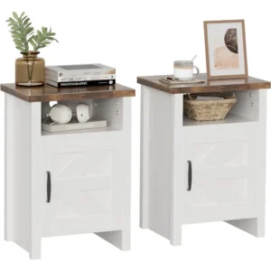 Nightstand Set of 2 with Storage Shelf and Barn Door, Farmhouse Modern Nightstand for Bedroom, Nightstand