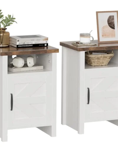 Nightstand Set of 2 with Storage Shelf and Barn Door, Farmhouse Modern Nightstand for Bedroom, Nightstand