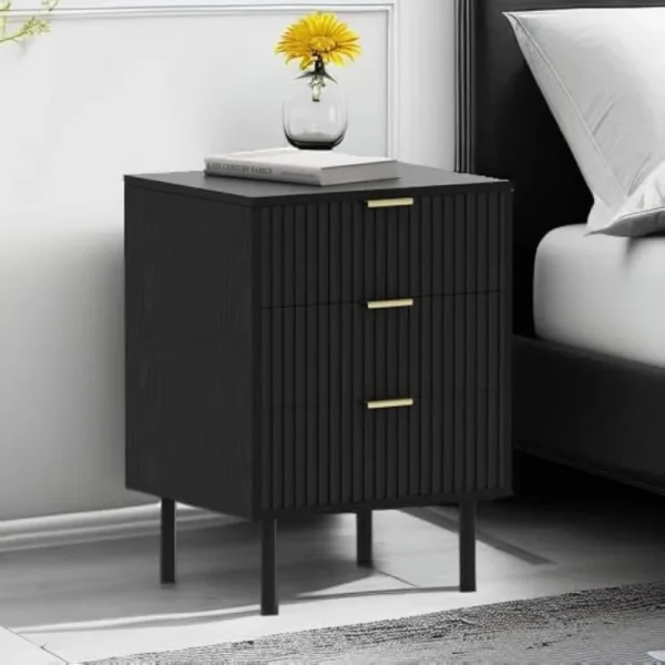 Black Nightstand 3 Drawers,26" Tall Bedside Night Stand, Mid Century Modern Bed Side Couch End Table Living Room