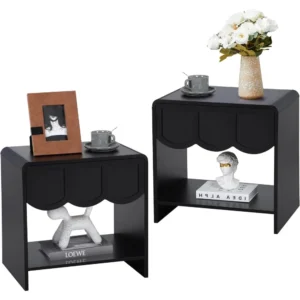 Night Stand Set of 2, Mid Century Modern Farmhouse Wood Nightstand with Wave Panel Drawer, Bed Side End Table for Small Space, L