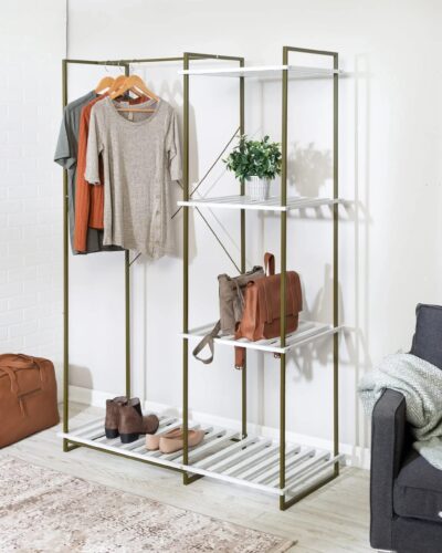 Freestanding Open Metal Closet Wardrobe with 4 Shelves, Olive/White