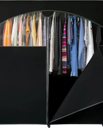 HOLDN’ STORAGE Portable Wardrobe Closet, Large - Premium Heavy Duty Metal Hanging Rod with Black Cover- 50 Lb. Weight Capacity-