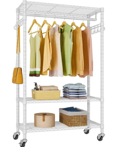 R1 Rolling Clothing Rack Heavy Duty Garment Rack for Hanging Clothes, Portable Closet Wardrobe with Wheels and Side Hooks, Adju