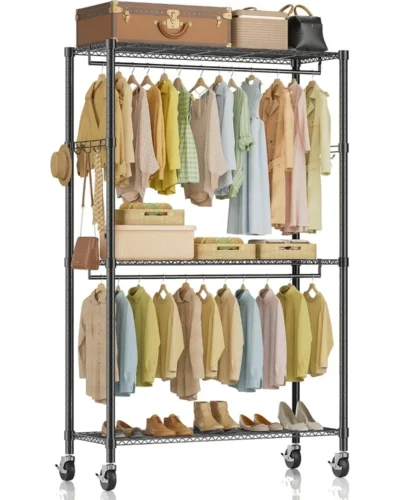 Rolling Clothes Rack, Heavy Duty Clothing Rack 3-Shelf Portable Adjustable Wardrobe Closet with Wheels Hanging Rods & Side Hooks