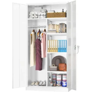 Metal Storage Wardrobe with Lock, White Steel cabinets Locker, 72" X 36" X 18" Metal Cabinet with Adjustable Shelves for Home O