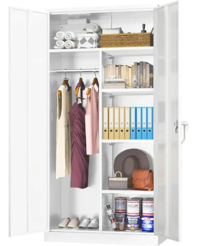 Metal Storage Wardrobe with Lock, White Steel cabinets Locker, 72" X 36" X 18" Metal Cabinet with Adjustable Shelves for Home O