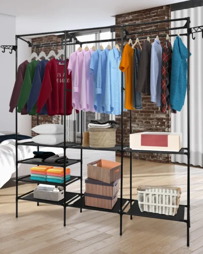 Garment Rack Shoe Clothing Organizer System Shelves Freestanding Multifunctional Clothes Wardrobe Metal Black