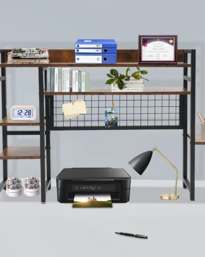 Rustic Desktop Bookshelf, Adjustable and Sturdy with Back Grid and Wide Baffle, Space-saving Organizer for Books and Office