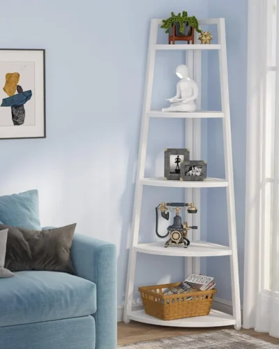 5 Tier Corner Bookshelf and Bookcase, 70 inch Tall Corner Shelves Standing Unit Indoor Plant Stand for Living Room (White)