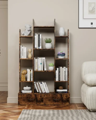 Bookshelf with 2 Drawers,Industrial Freestanding Open Display Shelving,Vintage Open Bookcase,Book Case for Bedroom, Living Room