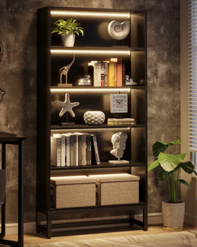 Tribesigns Tall Bookcase Black Bookshelf, 70.8” Large Bookcases Organizer with LED Lights, Heavy Duty Library Bookcase