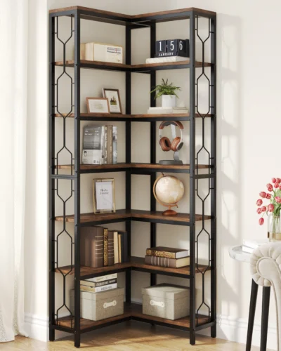 Tribesigns Corner Shelf, 7-Tier Industrial Corner Bookshelf, Wood and Metal Corner Etagere Bookcase, Freestanding Display Shelf