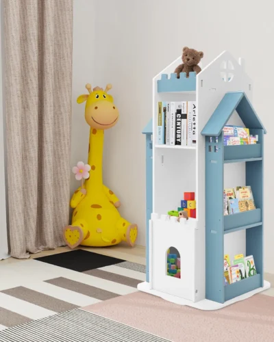 Rotating Children's Bookshelf, Book Display Shelf, Floor Standing Bookshelf Blue