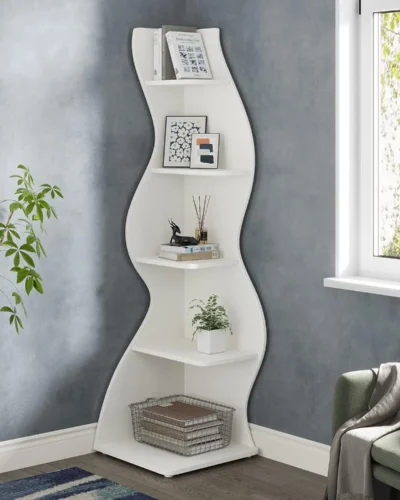 Modern 5-Tier Corner Bookshelf, Stylish Corner Bookcase Storage Rack Plant Stand with Unique Shape for Living Room, Home Office