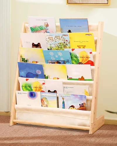 6-Tier Kids Bookshelf | Pine Wood Floor Standing Bookcase, White/Log Color, 753079cm