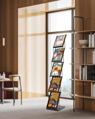 5 Pockets Brochure Display Stand Foldable Magazine Rack Holder BookShelf DVDs Journal Display Rack for Office Retail Store