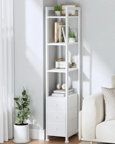 Bookshelf for Narrow Spaces - Small Book Shelf with Drawers 4 Tier Thin Shelves Slim Bookshelves 3 Fabric Drawer 60 inch Tall