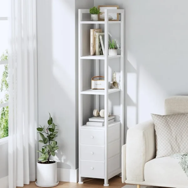 Bookshelf for Narrow Spaces - Small Book Shelf with Drawers 4 Tier Thin Shelves Slim Bookshelves 3 Fabric Drawer 60 inch Tall