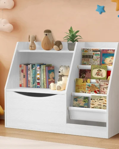 Bookshelf with Flip-Top Drawer, 3 Tier Kids Bookcase Toy Storage Organizer with 4 Layer Sling Bookshelf for Playroom Bedroom