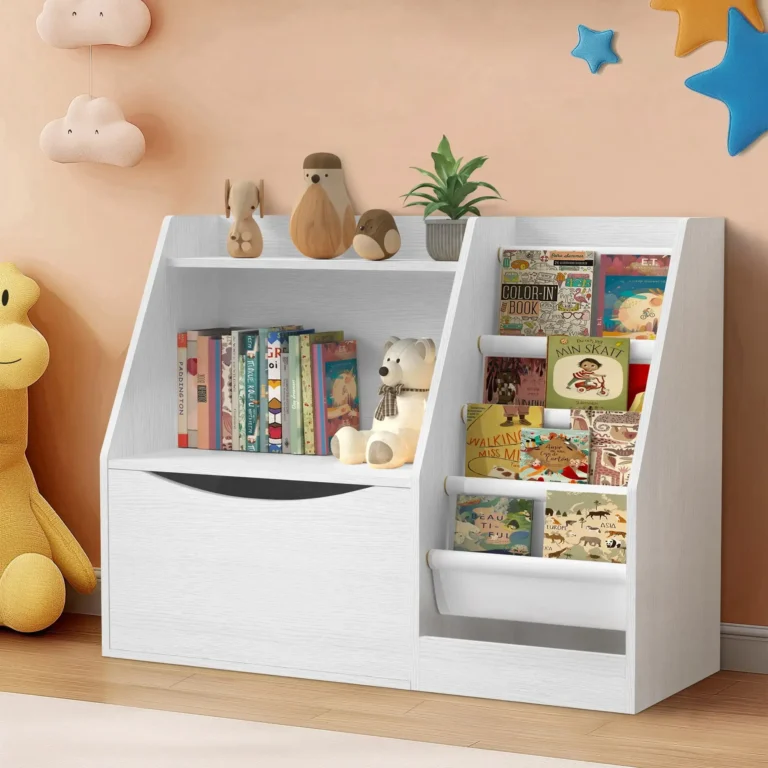 Bookshelf with Flip-Top Drawer, 3 Tier Kids Bookcase Toy Storage Organizer with 4 Layer Sling Bookshelf for Playroom Bedroom