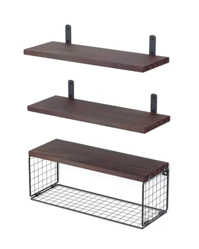 2 in 1 Floating Shelves Wall Mounted with Storage Basket Bathroom ShelvesOver Toilet ,Wooden Shelves