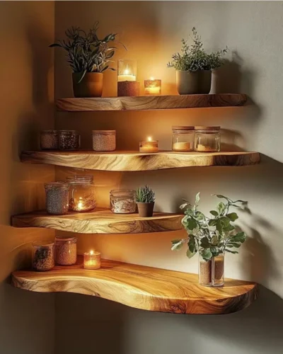 Live Edge Floating Wall Shelf, Solid Wood, Corner Mounted, Natural Wood Grain (32" W X 8" D X 1.5" (Inches))