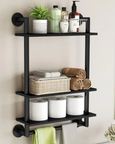 Bathroom Shelves Wall Mounted, 3 Tier Towel Racks with Towel Bar, 26in Stainless Steel Industrial Floating Pipe Shelves Over Toi