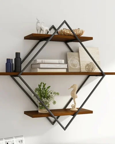 3 Tier Industrial Geometry Wood Floating Shelf Heavy Duty Hanging Wall Mounted Unit