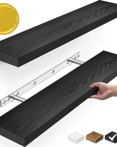 Floating Shelves for Wall, 22.5" Wall Mounted Rustic Wood Shelves for Bathroom, Bedroom,(Black, Set of 2)