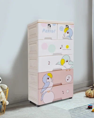 Bymaocar 5-Layer Multi-color Drawers Cartoon Dresser Storage Organizer Cabinet Plastic Free Standing  6 Drawers w/ Lock & Wheels