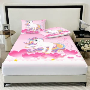 3PC Love Unicorn Powder Bed Sheet 100% Polyester Unicorn Pattern Cute 1 Bed Sheet 2 Pillowcases No Pillow Core Four Seasons
