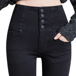 Button Fly Jeans High Waist Front for Women Tummy Control Stretch Denim Black Petite XS - 4XL Dress Pants With Pocket ouc433