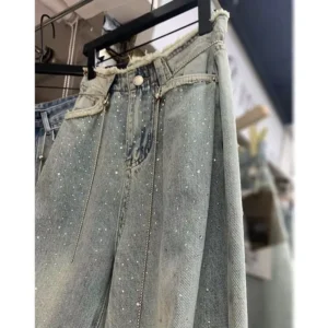 Heavy Embroidery Hot Drilling Starry Raw Hem High Waist Jeans Women's Summer Thin Loose Fashion Mop Wide Leg Pants
