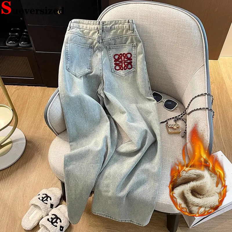 Embroidery Velvet Lined Wide Leg Jeans Winter Design Casual High Waist Baggy Straight Vaqueros Korea New Warm Woman Denim Pants