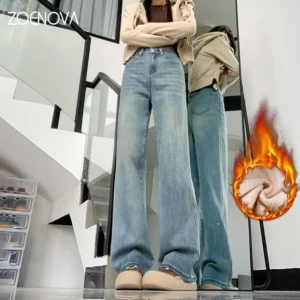 ZOENOVA Autumn Winter Classic Y2K Fleece Jeans Women Fashion Elegant Lady Casual Versatile Loose Plus FleeceDenim Wide Leg Pants